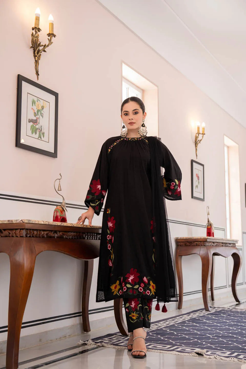 black coton kurta set with floral embroidery and straight pants