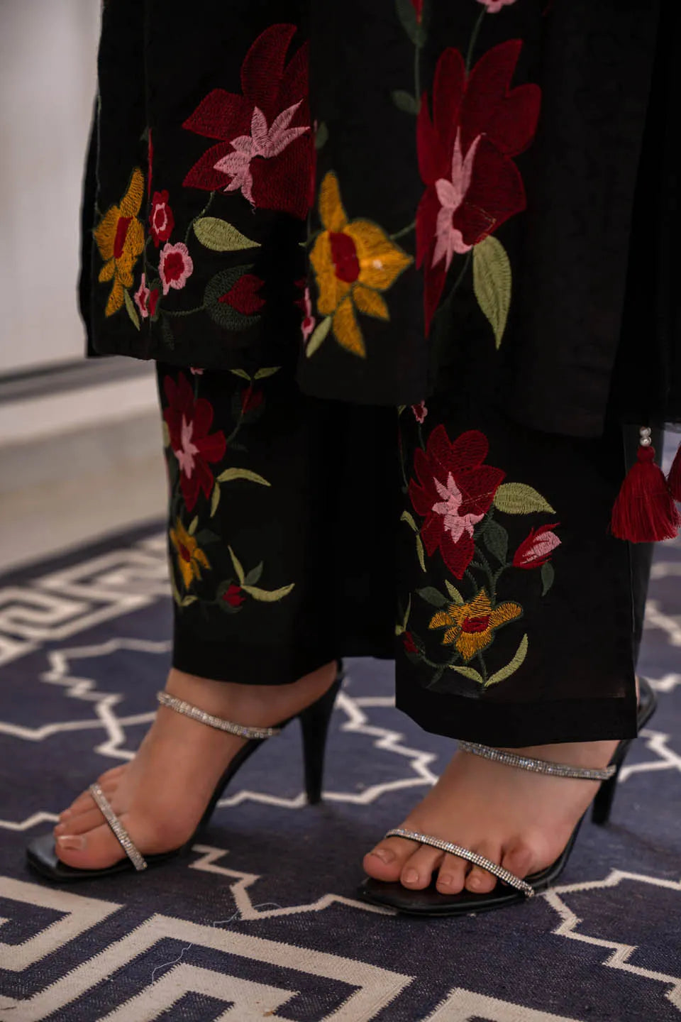 black coton kurta set with floral embroidery and straight pants