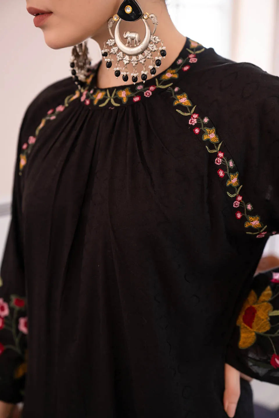 black coton kurta set with floral embroidery and straight pants