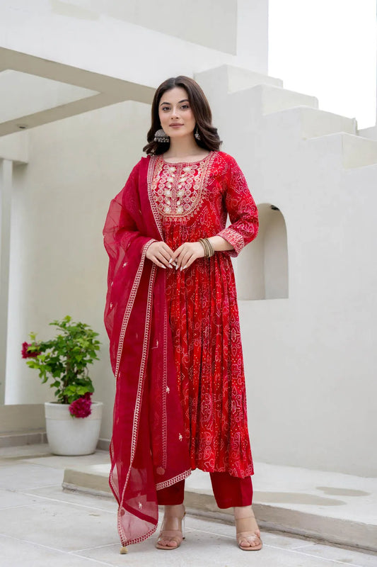 womens traditional bandhani print anarkali kurta set with dupatta