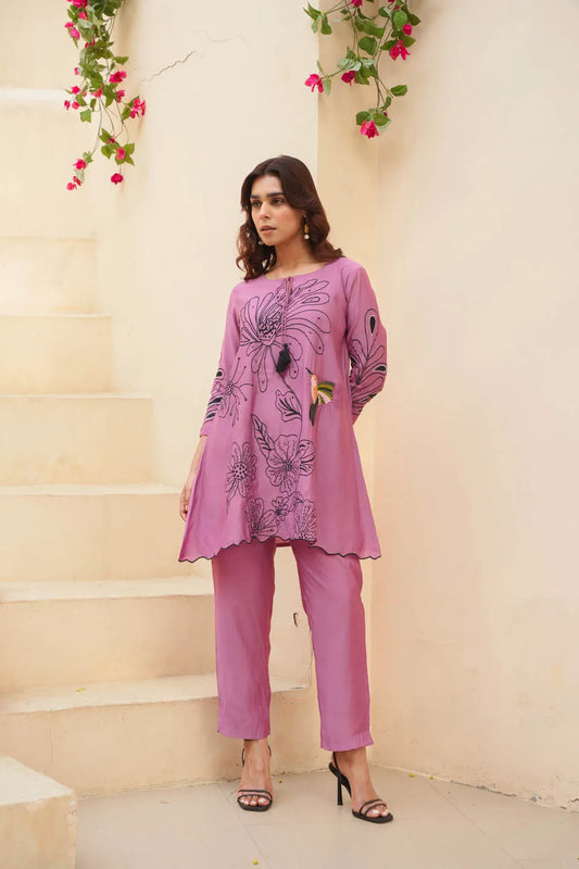 lavender floral embroidered a line kurta with straight pants set