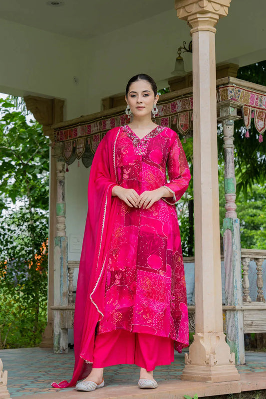 elegant red a line kurta set with embroidered v neck and abstract floral print