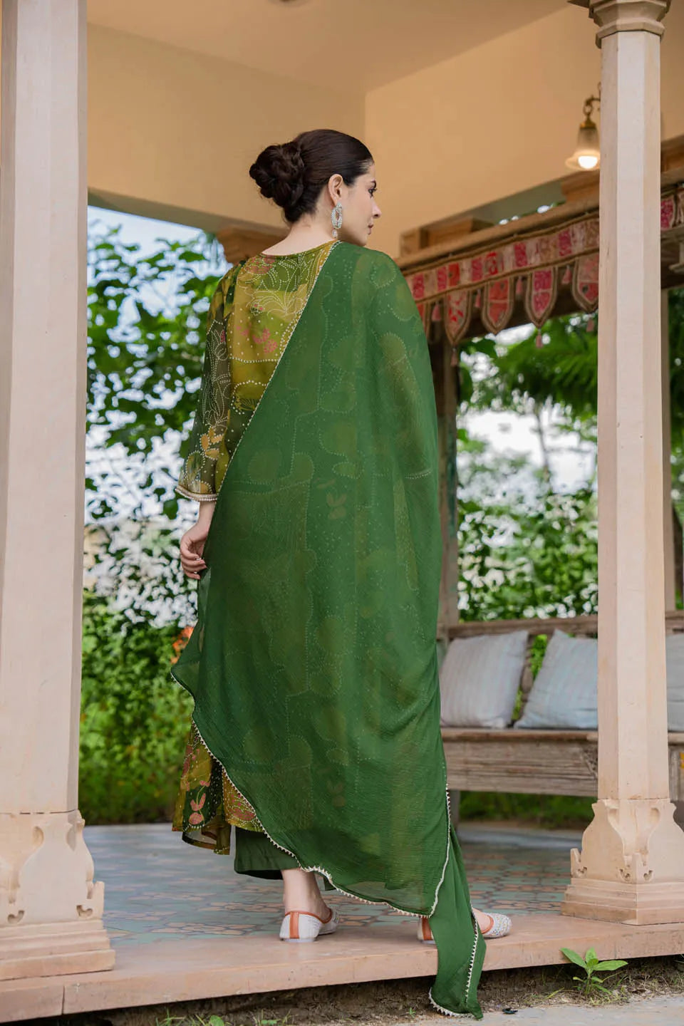 elegant olive green a line kurta set with embroidered v neck and abstract floral print