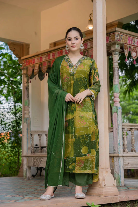 elegant olive green a line kurta set with embroidered v neck and abstract floral print