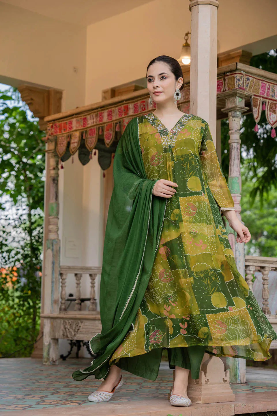 elegant olive green a line kurta set with embroidered v neck and abstract floral print