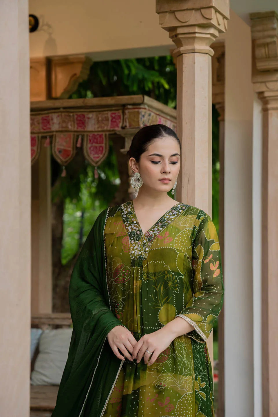 elegant olive green a line kurta set with embroidered v neck and abstract floral print