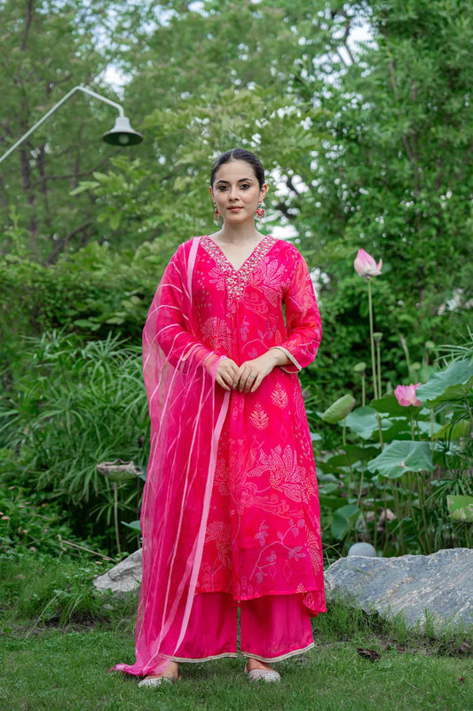 vibrant pink blue straight kurta set with embroidered v neck and floral paisley print