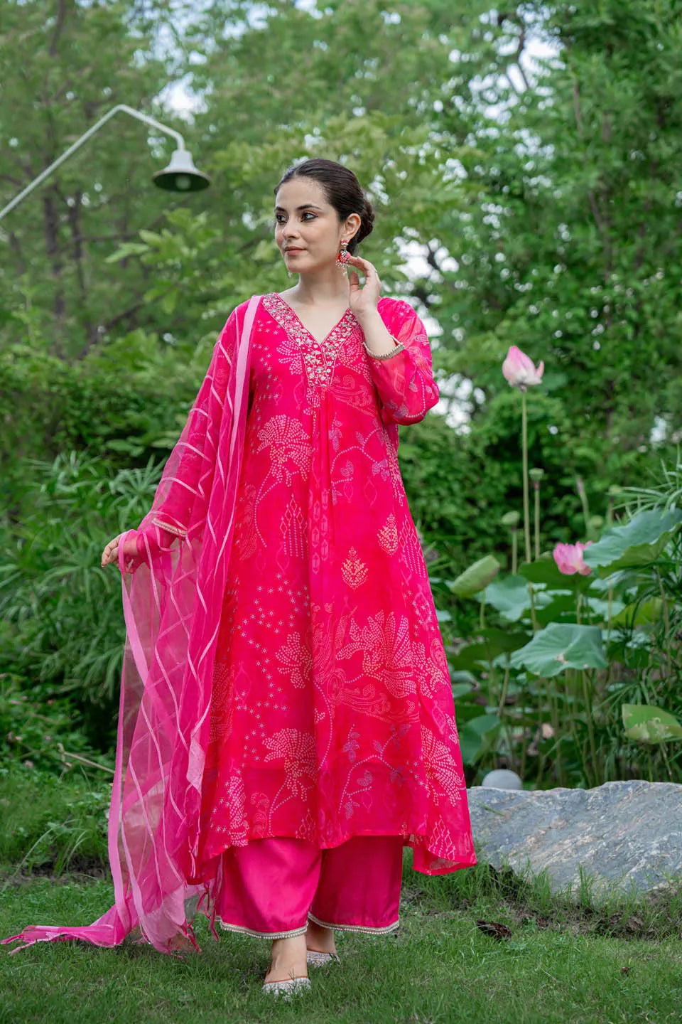vibrant pink blue straight kurta set with embroidered v neck and floral paisley print