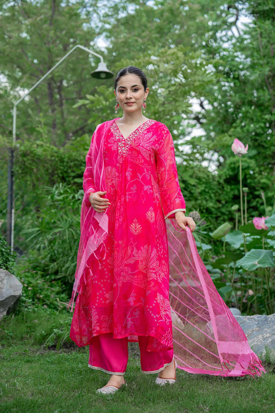 vibrant pink blue straight kurta set with embroidered v neck and floral paisley print