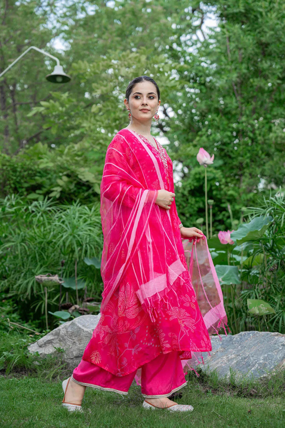 vibrant pink blue straight kurta set with embroidered v neck and floral paisley print
