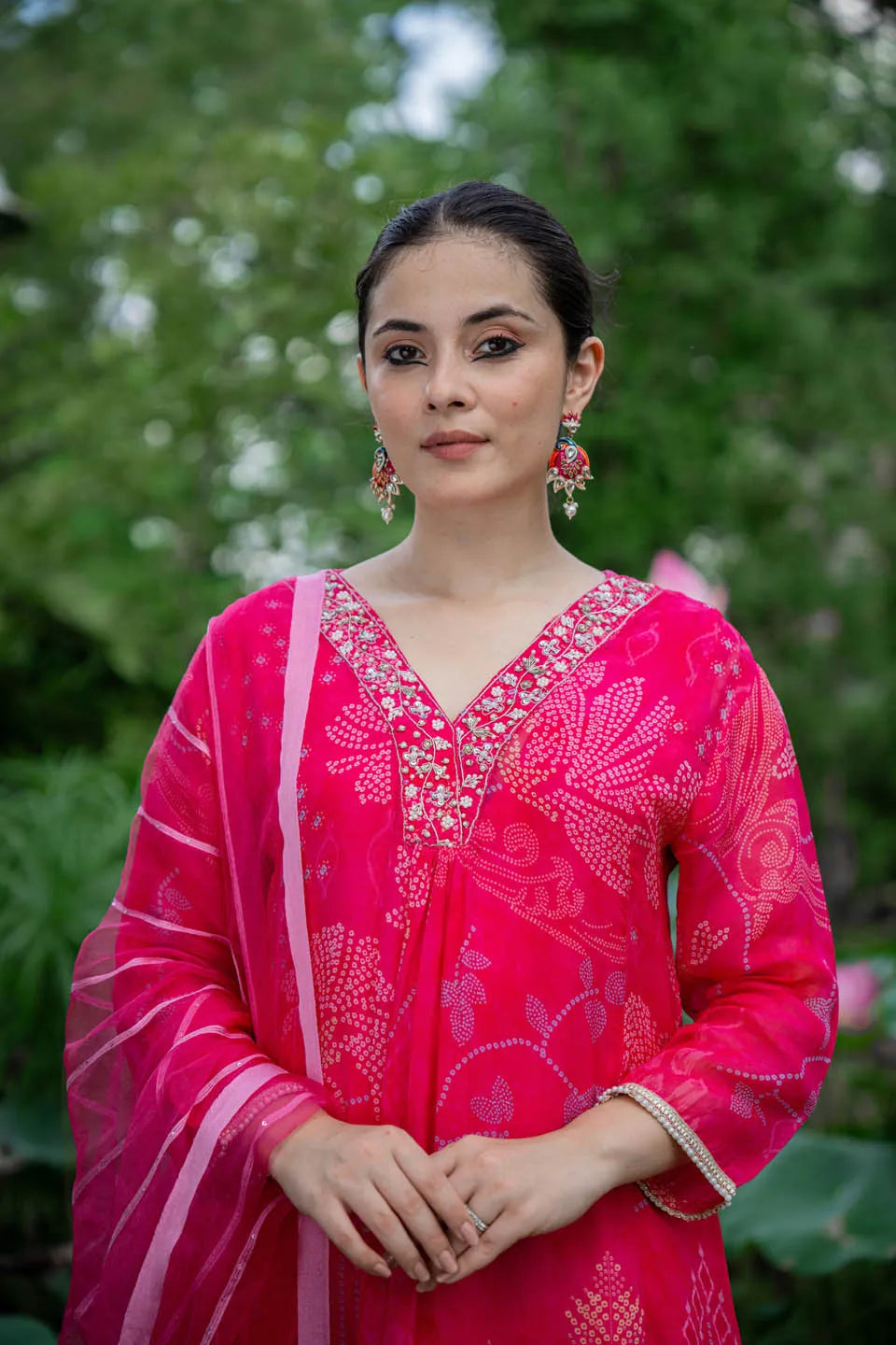 vibrant pink blue straight kurta set with embroidered v neck and floral paisley print