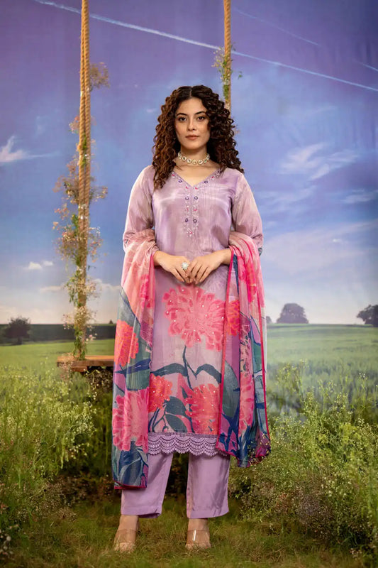 elegant lilac embroidered kurta set with dupatta festive wear