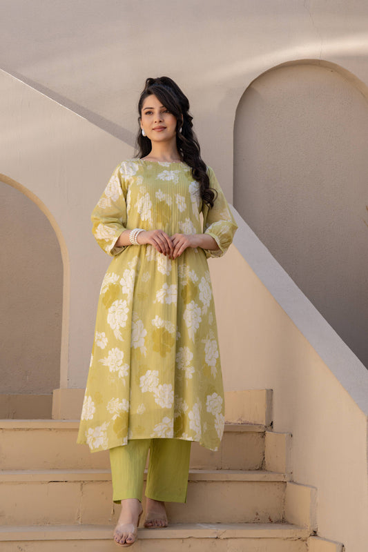 FRESH LIME FLORAL COTTON KURTA SET COMFORTABLE & STYLISH SUMMER WEAR