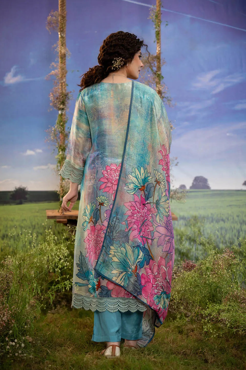 floral printed v neck kurta with lace hem and straight pants set