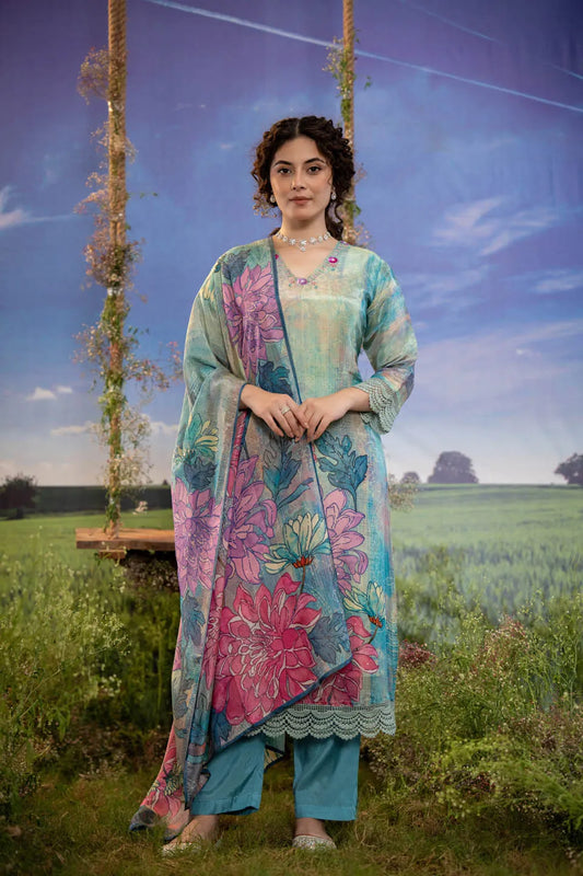 floral printed v neck kurta with lace hem and straight pants set