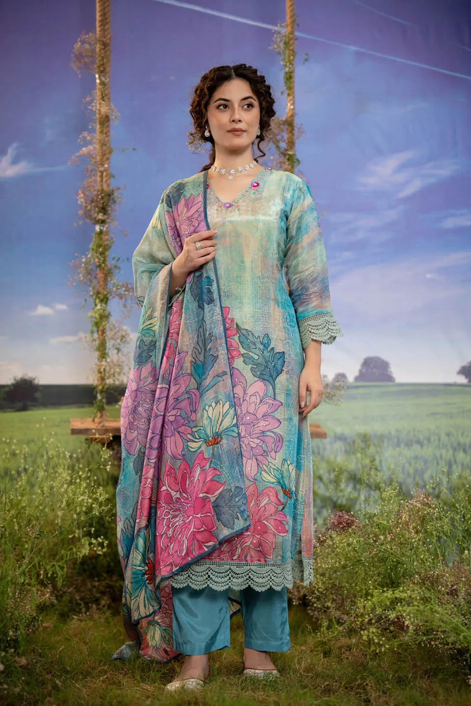 floral printed v neck kurta with lace hem and straight pants set