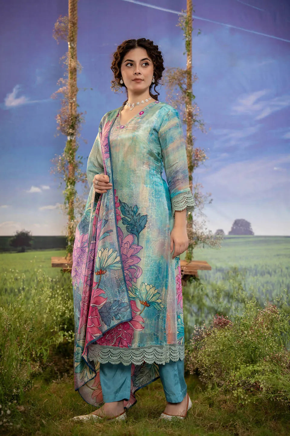 floral printed v neck kurta with lace hem and straight pants set