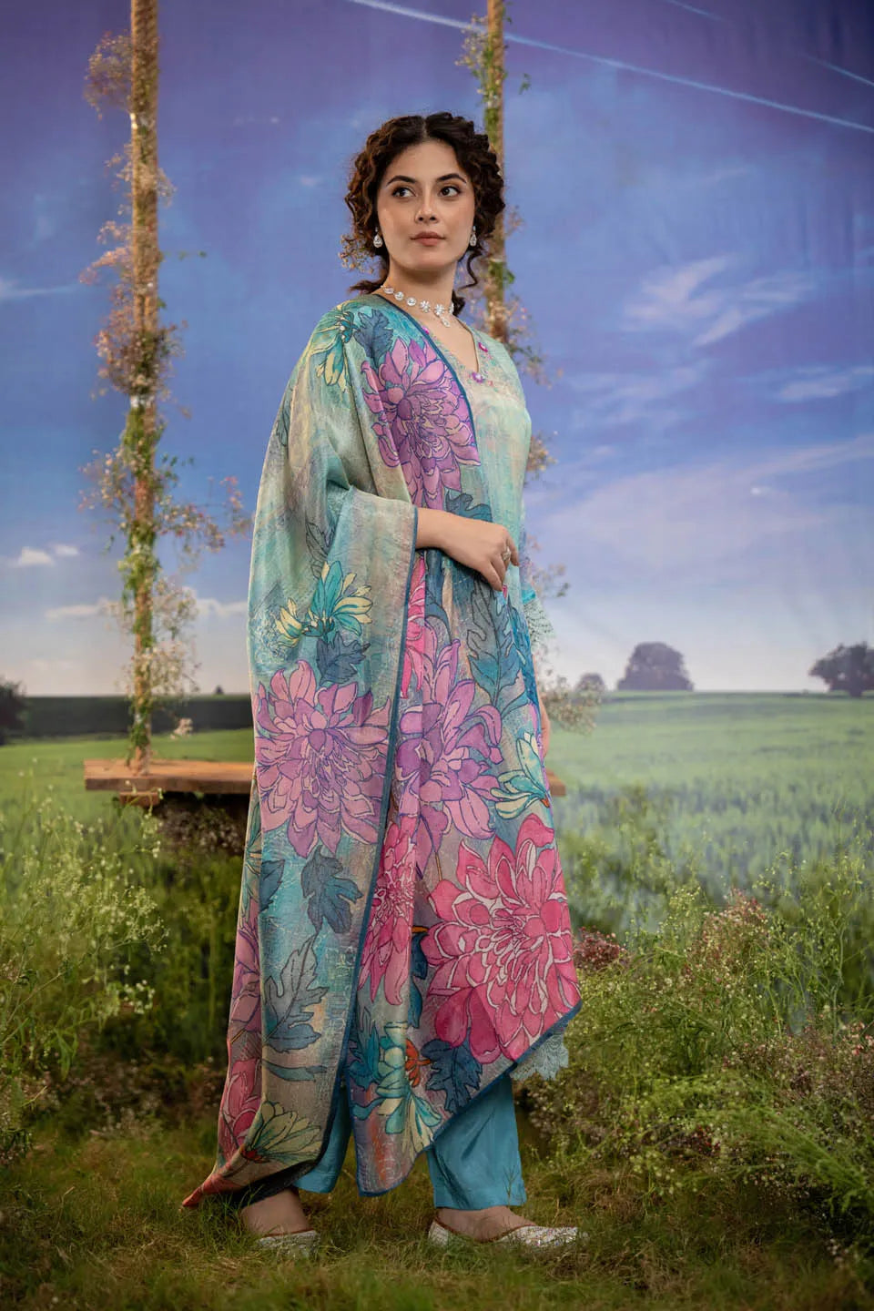 floral printed v neck kurta with lace hem and straight pants set