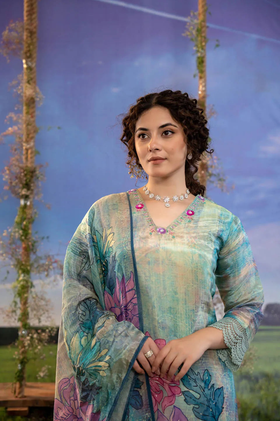 floral printed v neck kurta with lace hem and straight pants set