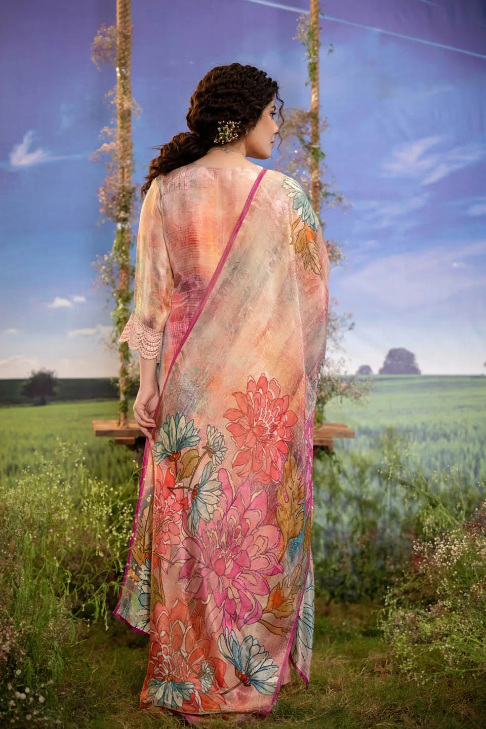floral print peach pink 3 piece lawn suit with lace detailing straight trousers