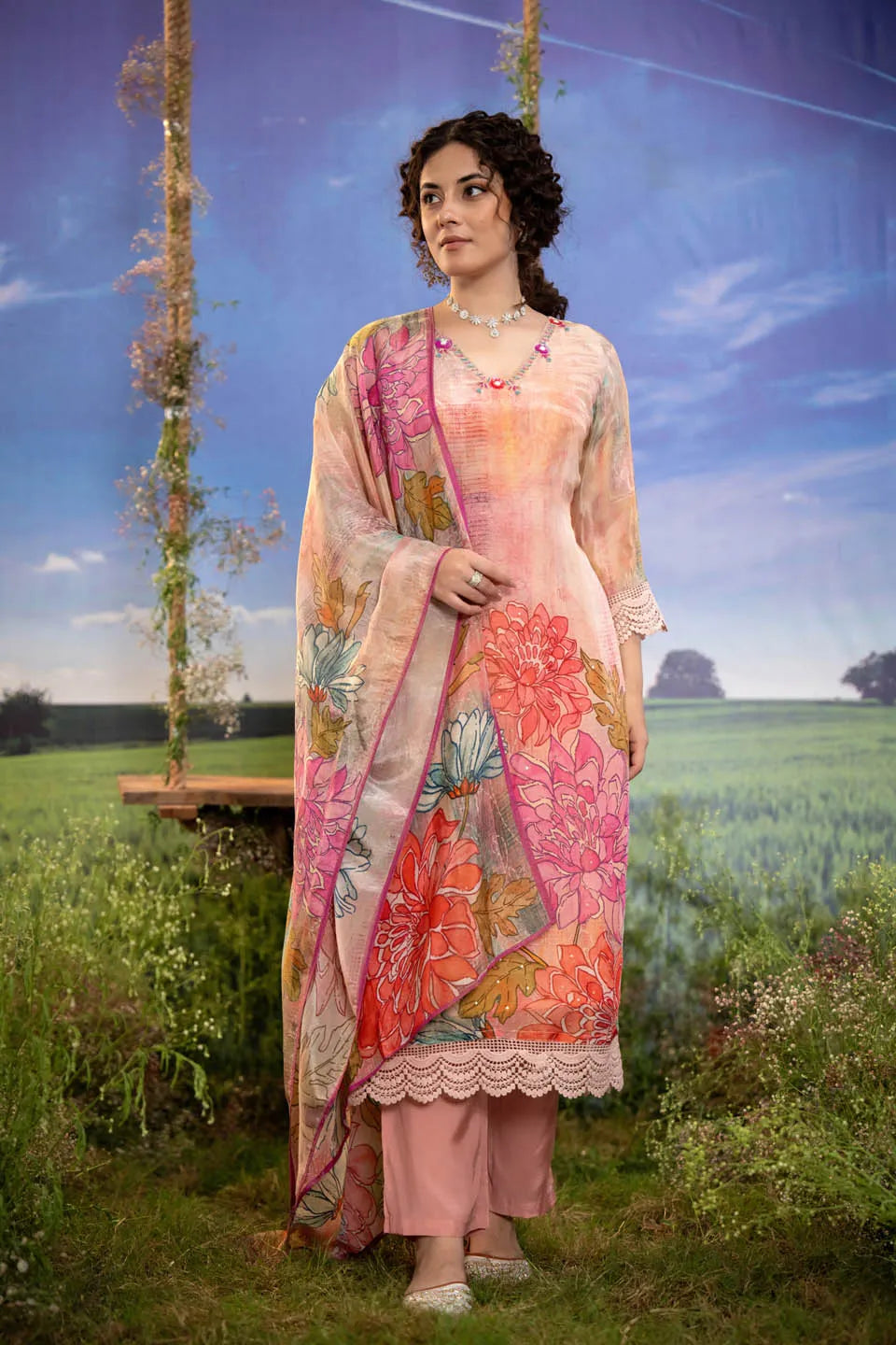floral print peach pink 3 piece lawn suit with lace detailing straight trousers