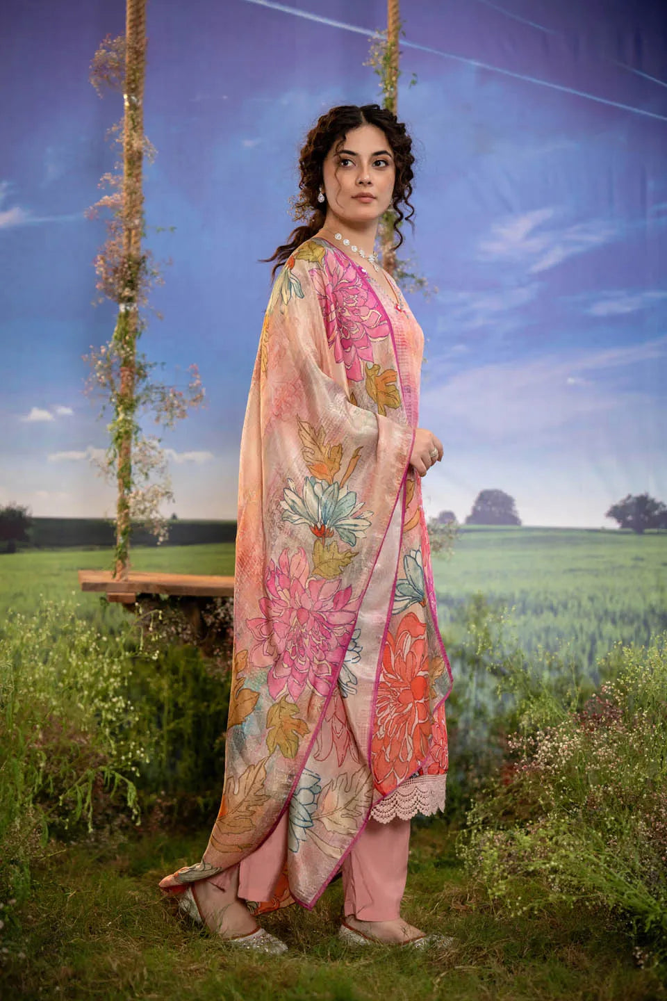 floral print peach pink 3 piece lawn suit with lace detailing straight trousers