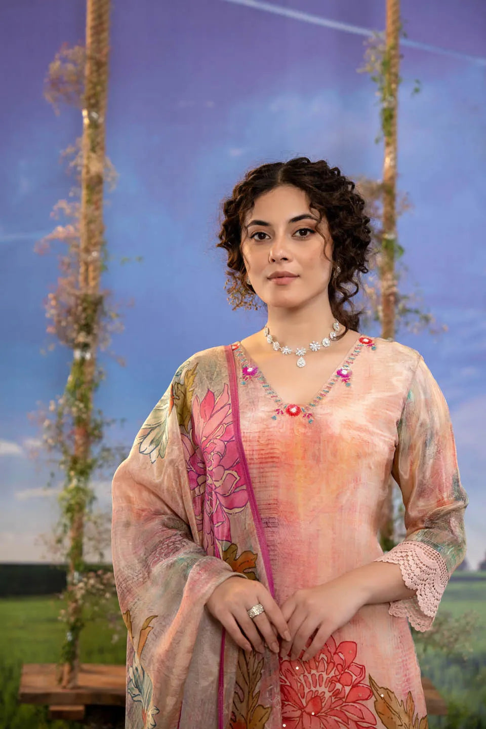 floral print peach pink 3 piece lawn suit with lace detailing straight trousers