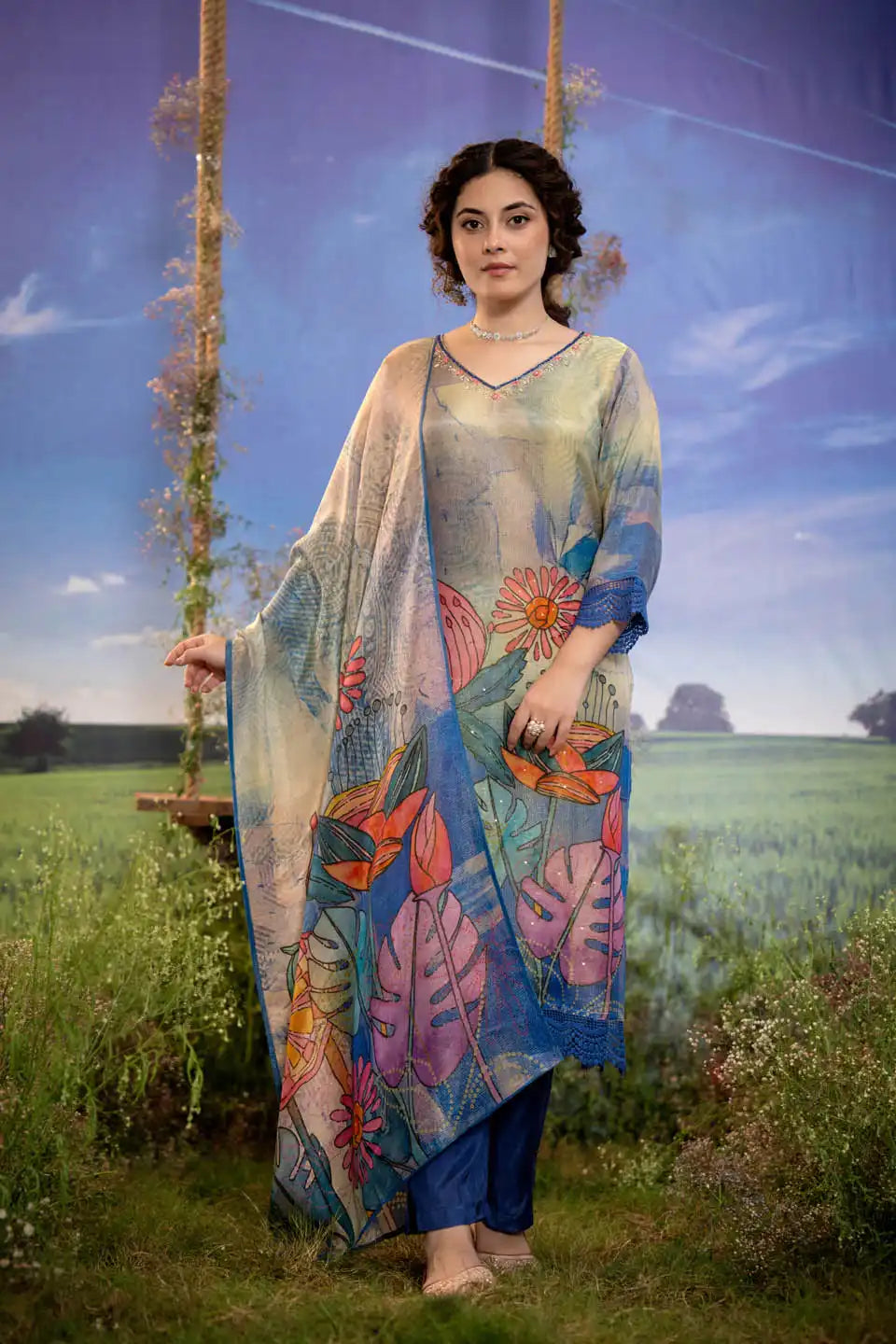 peach floral embellished kurta set with printed dupatta straight pants 
