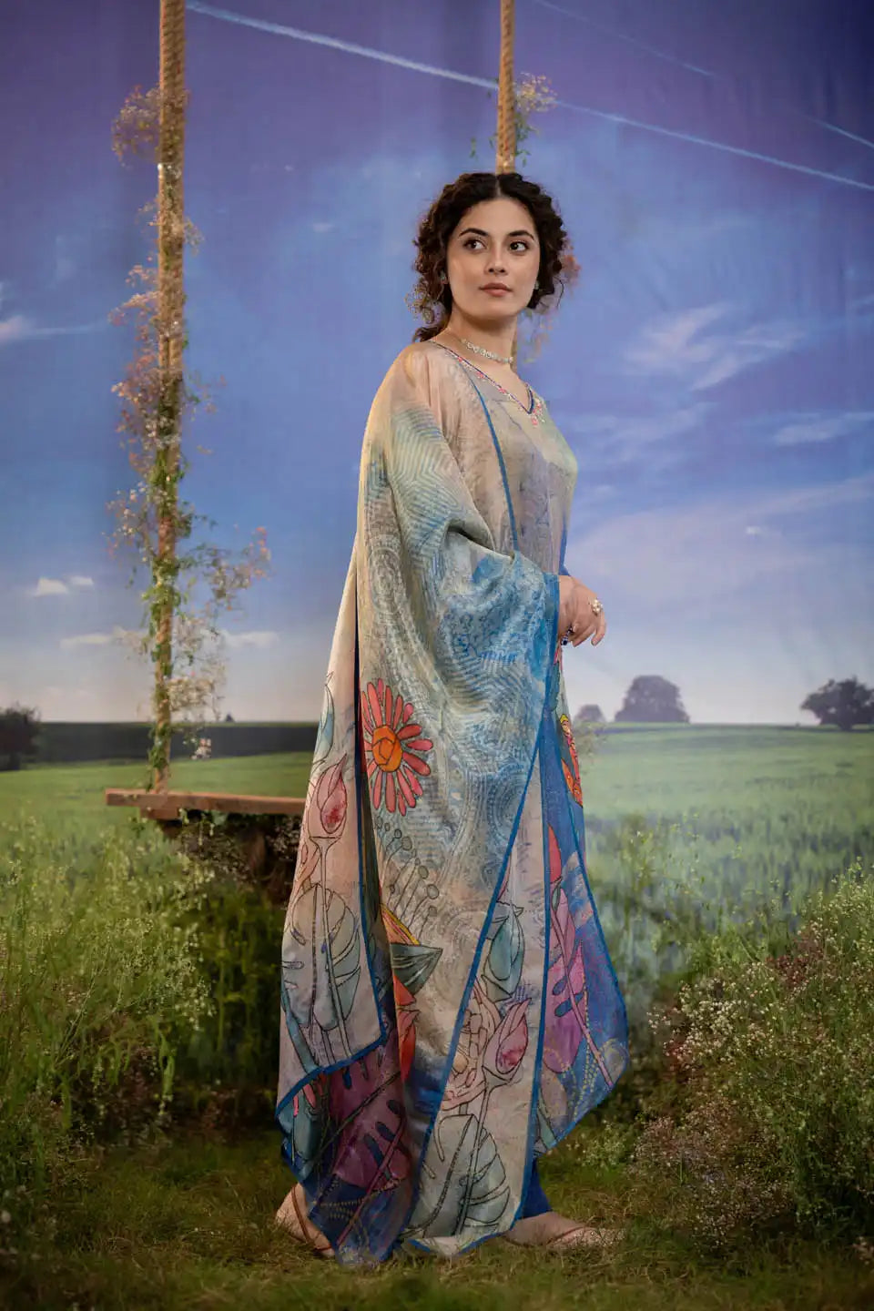 peach floral embellished kurta set with printed dupatta straight pants 