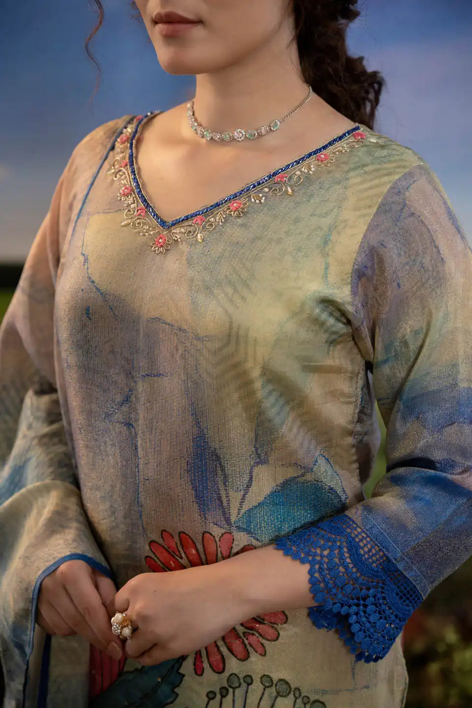 peach floral embellished kurta set with printed dupatta straight pants 
