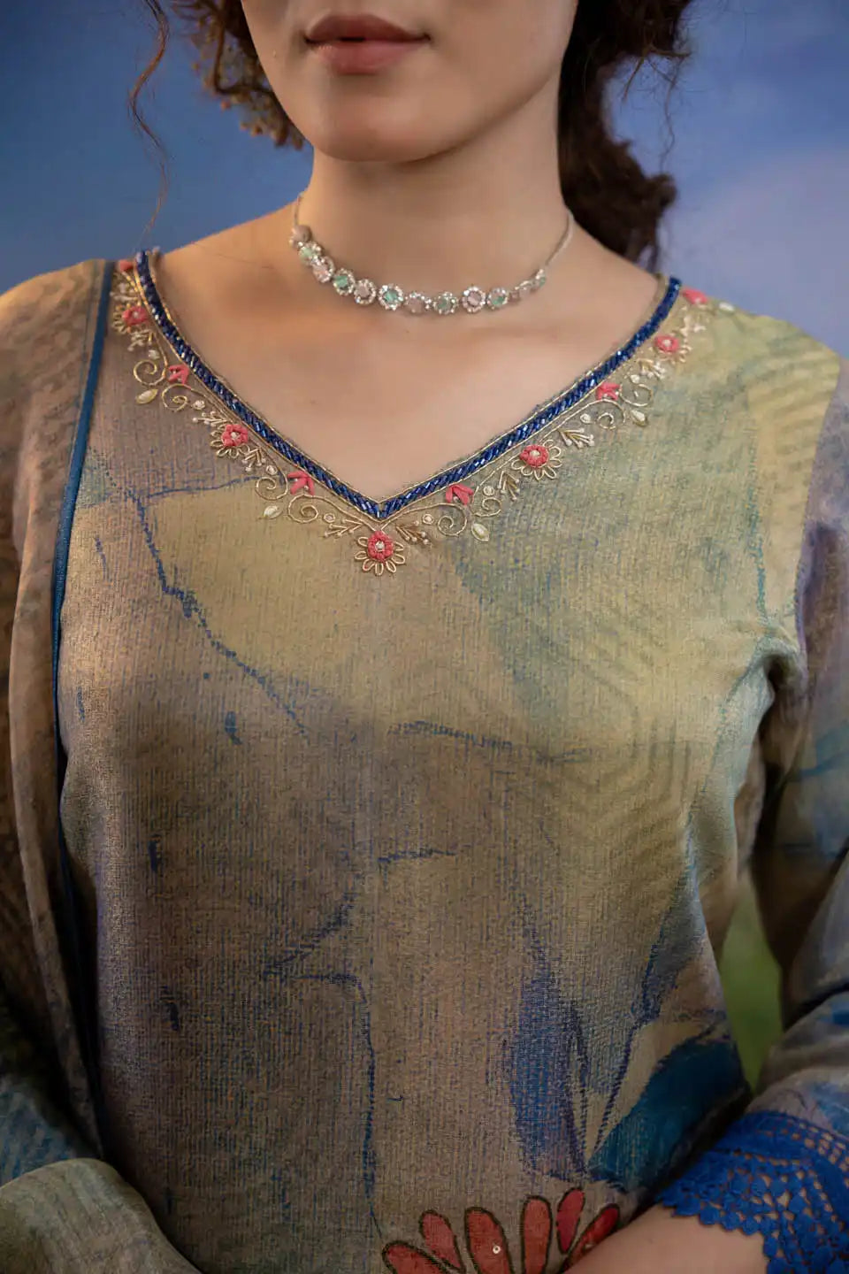 peach floral embellished kurta set with printed dupatta straight pants 