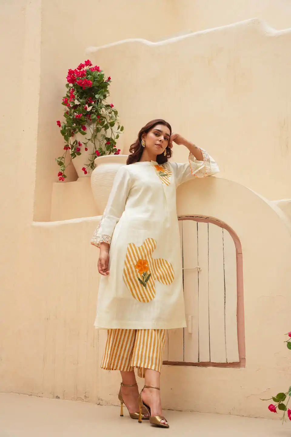 off-white co ord set with floral patchwork and striped palazzo