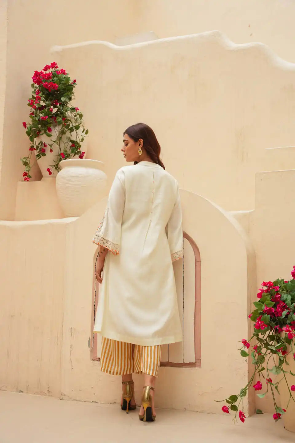 off-white co ord set with floral patchwork and striped palazzo