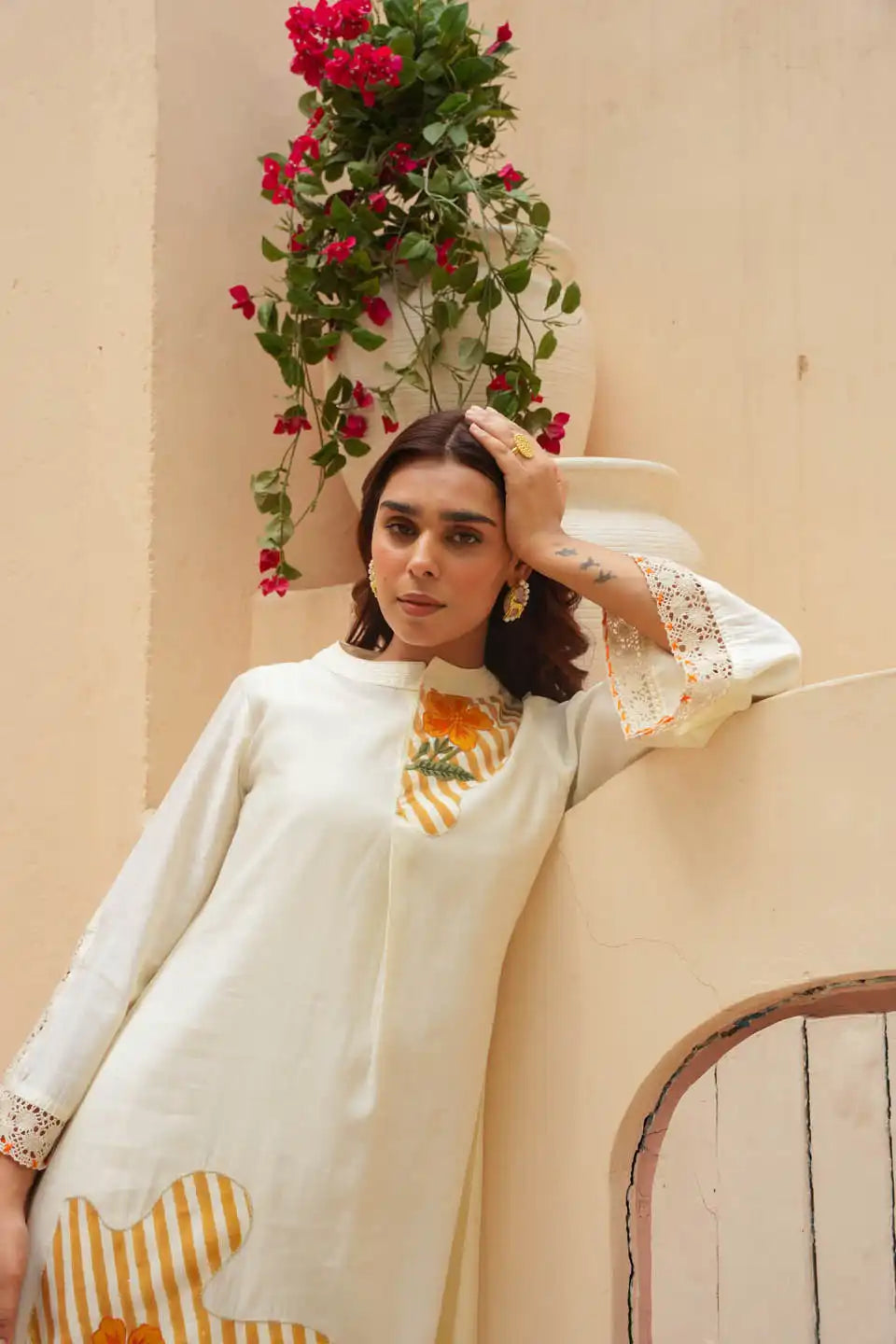 off-white co ord set with floral patchwork and striped palazzo