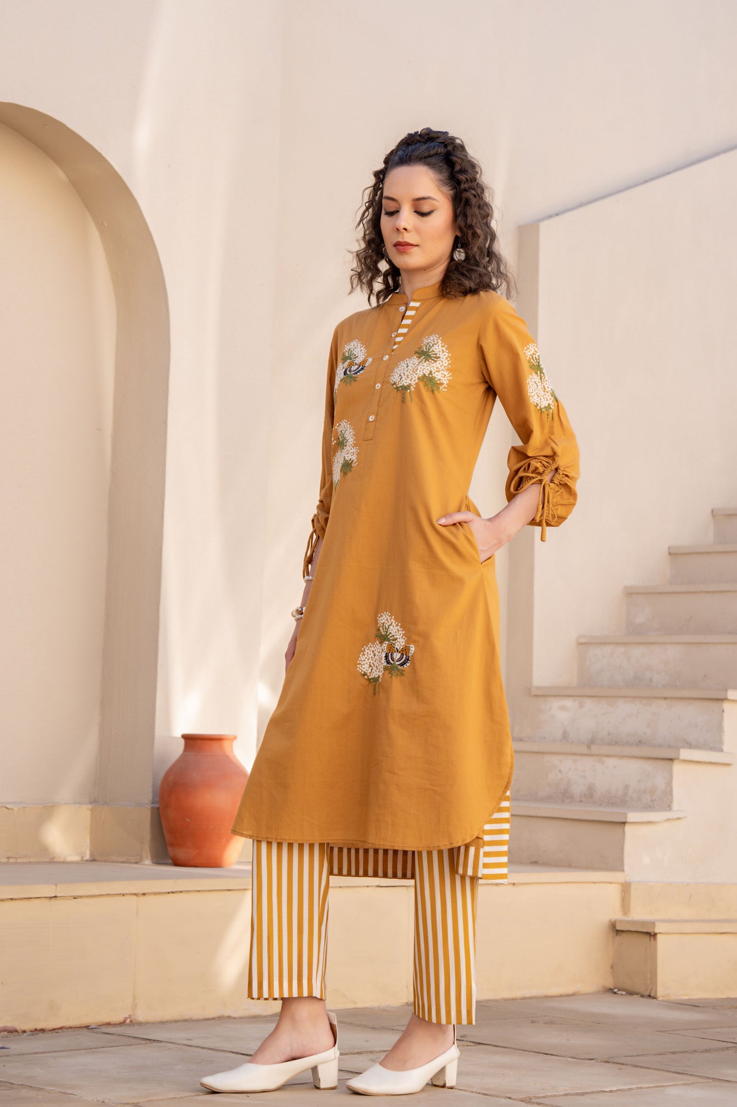 WOMEN'S MUSTARD COTTON EMBROIDERED KURTA SET WITH STRIPED PANTS