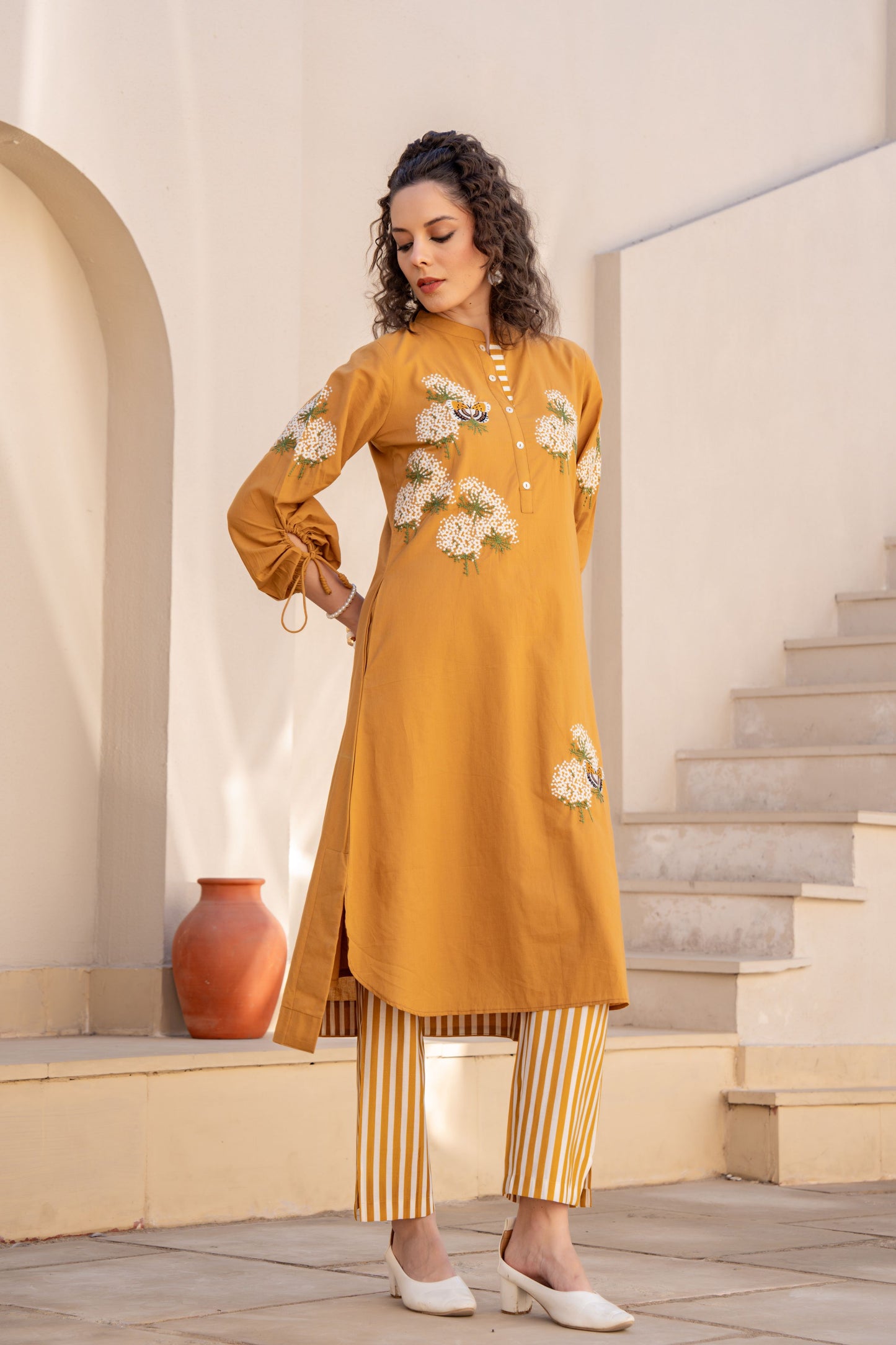 WOMEN'S MUSTARD COTTON EMBROIDERED KURTA SET WITH STRIPED PANTS
