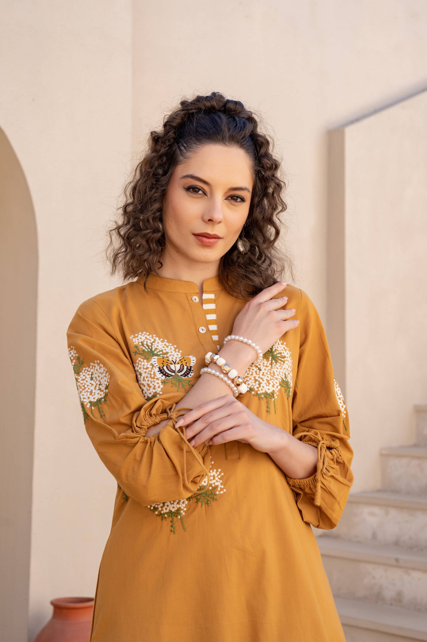 WOMEN'S MUSTARD COTTON EMBROIDERED KURTA SET WITH STRIPED PANTS