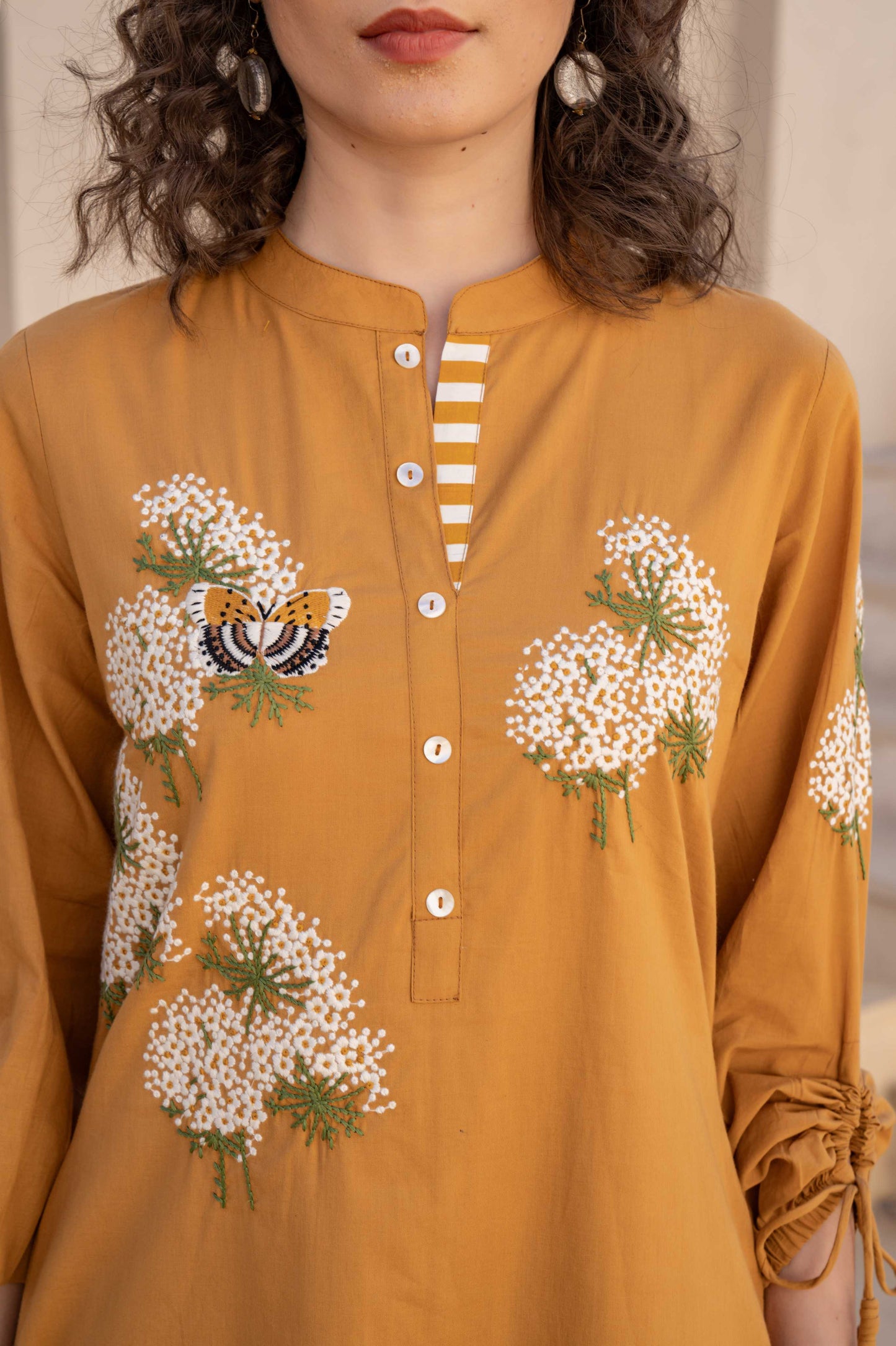 WOMEN'S MUSTARD COTTON EMBROIDERED KURTA SET WITH STRIPED PANTS