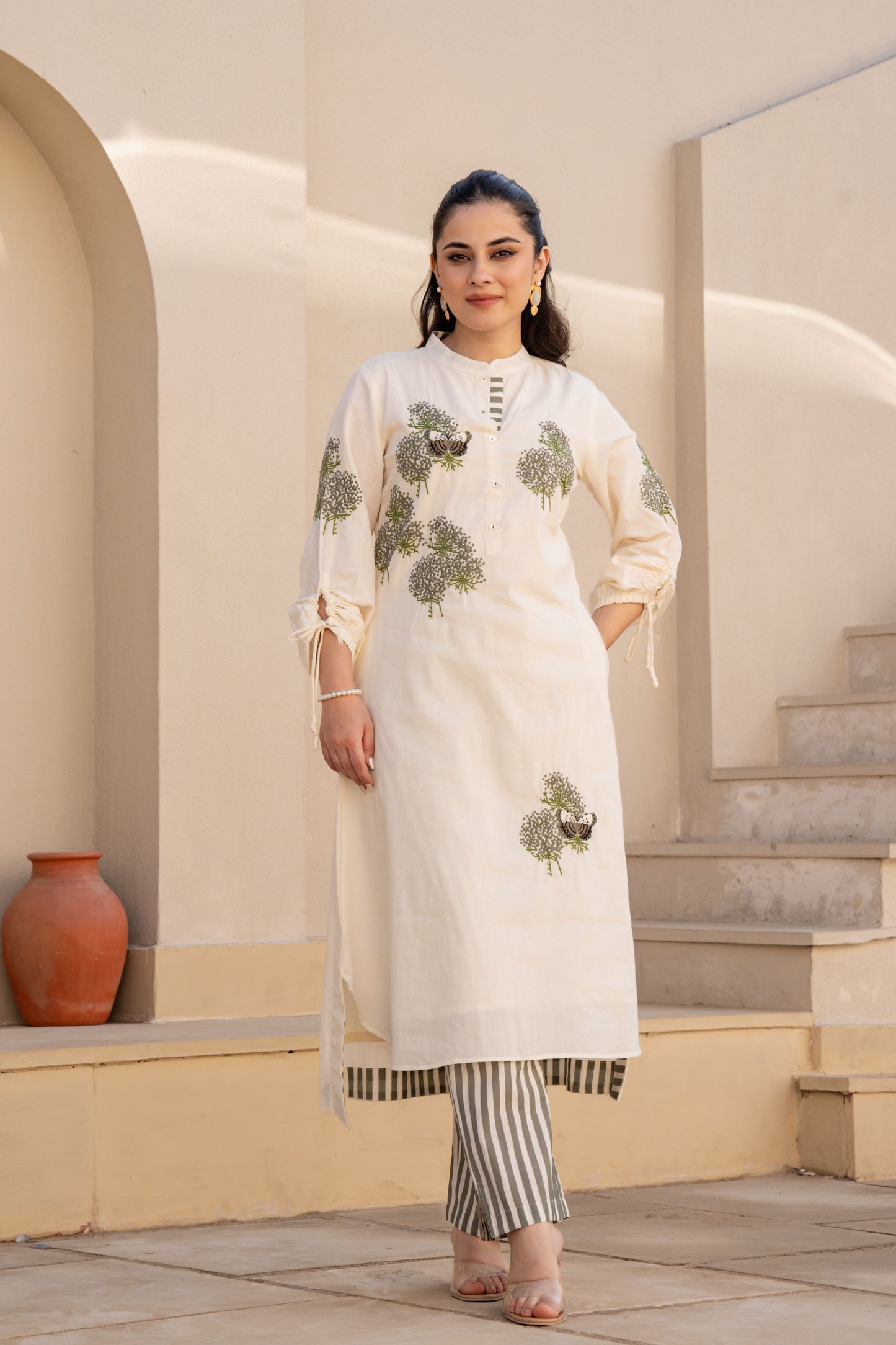 WOMEN'S IVORY COTTON EMBROIDERED KURTA SET WITH STRIPED PANTS