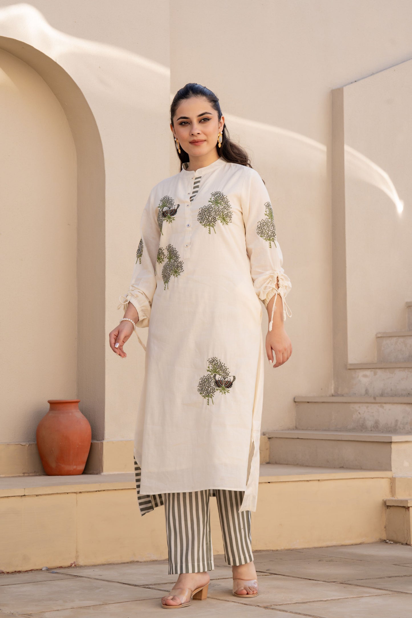 WOMEN'S IVORY COTTON EMBROIDERED KURTA SET WITH STRIPED PANTS
