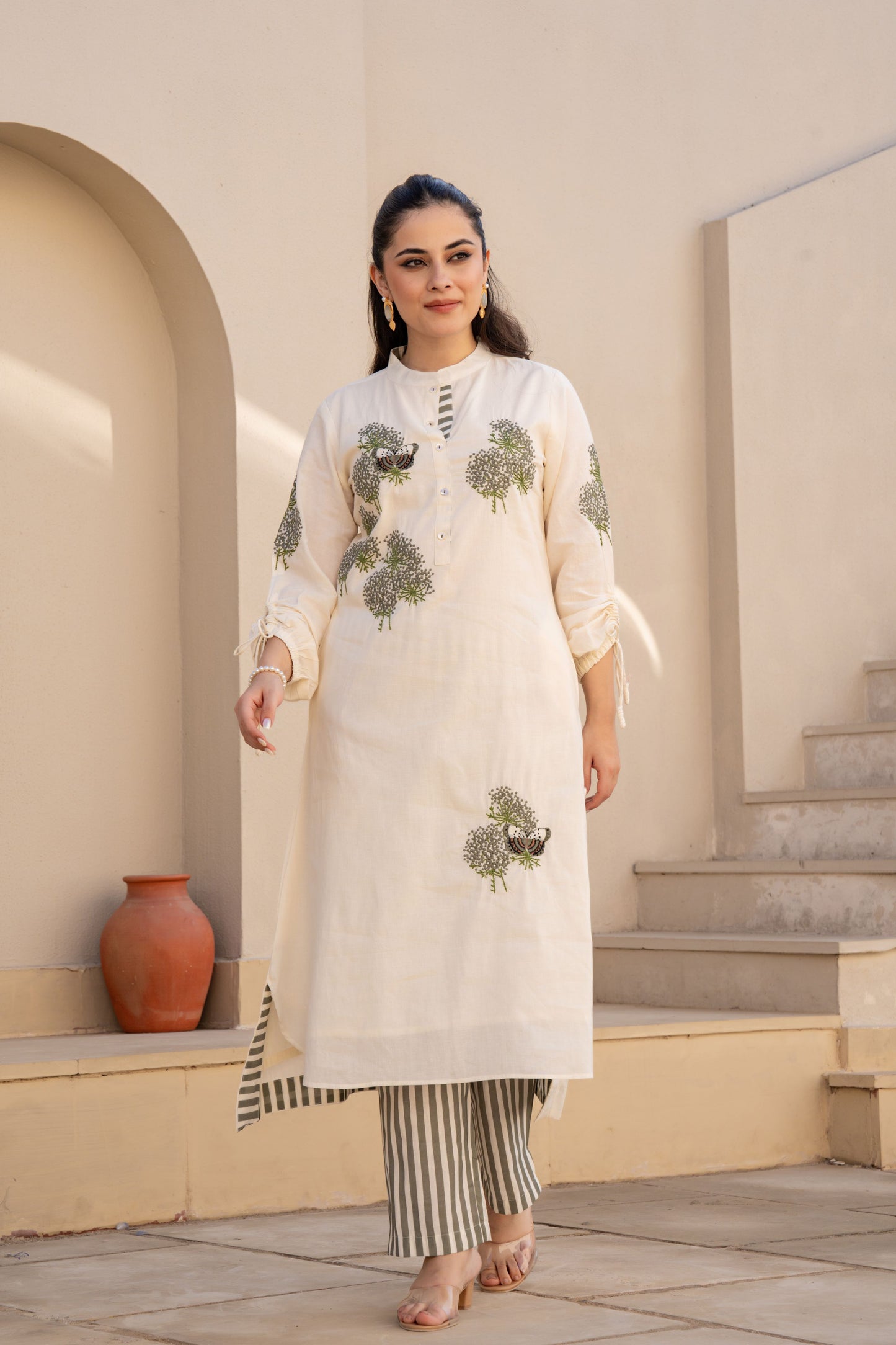 WOMEN'S IVORY COTTON EMBROIDERED KURTA SET WITH STRIPED PANTS