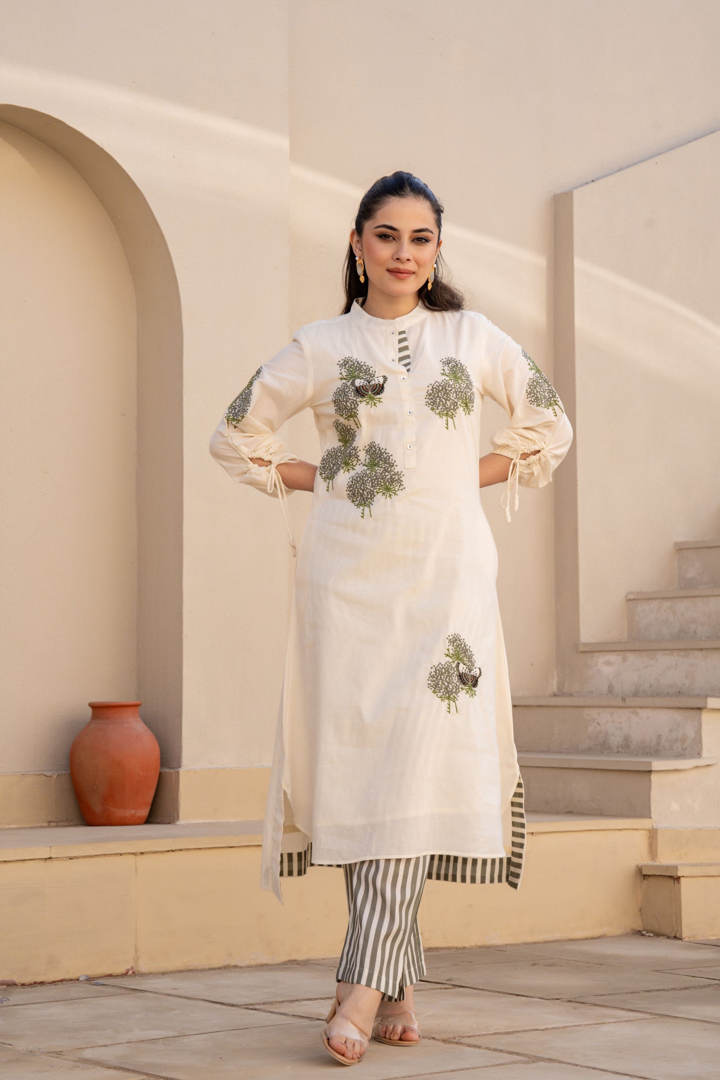 WOMEN'S IVORY COTTON EMBROIDERED KURTA SET WITH STRIPED PANTS