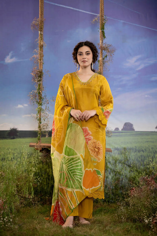 mustard yellow silk blend embellished kurta with floral dupatta and straight pants festive wear