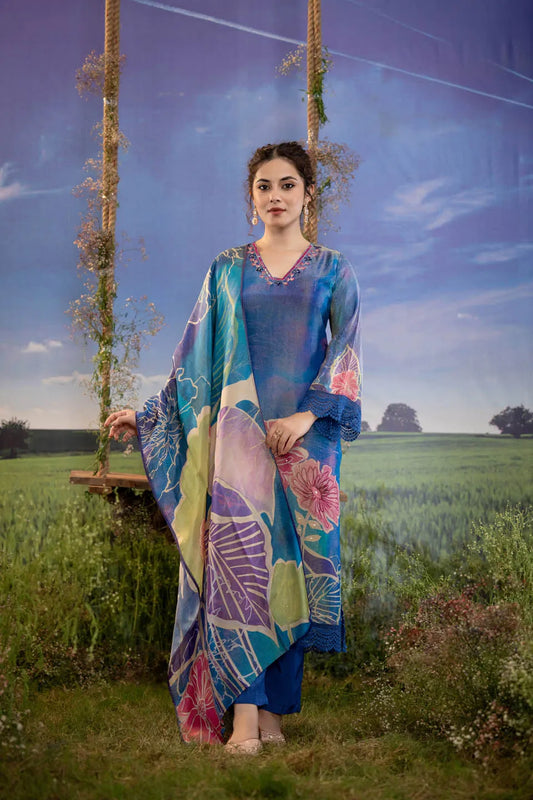 floral embellished v neck kurta with lace hem and straight pants set