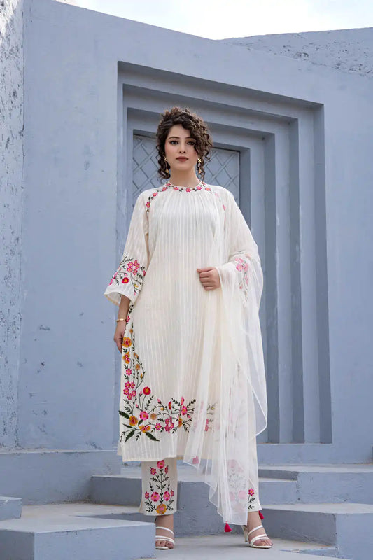 elegant off-white embroidered kurta set