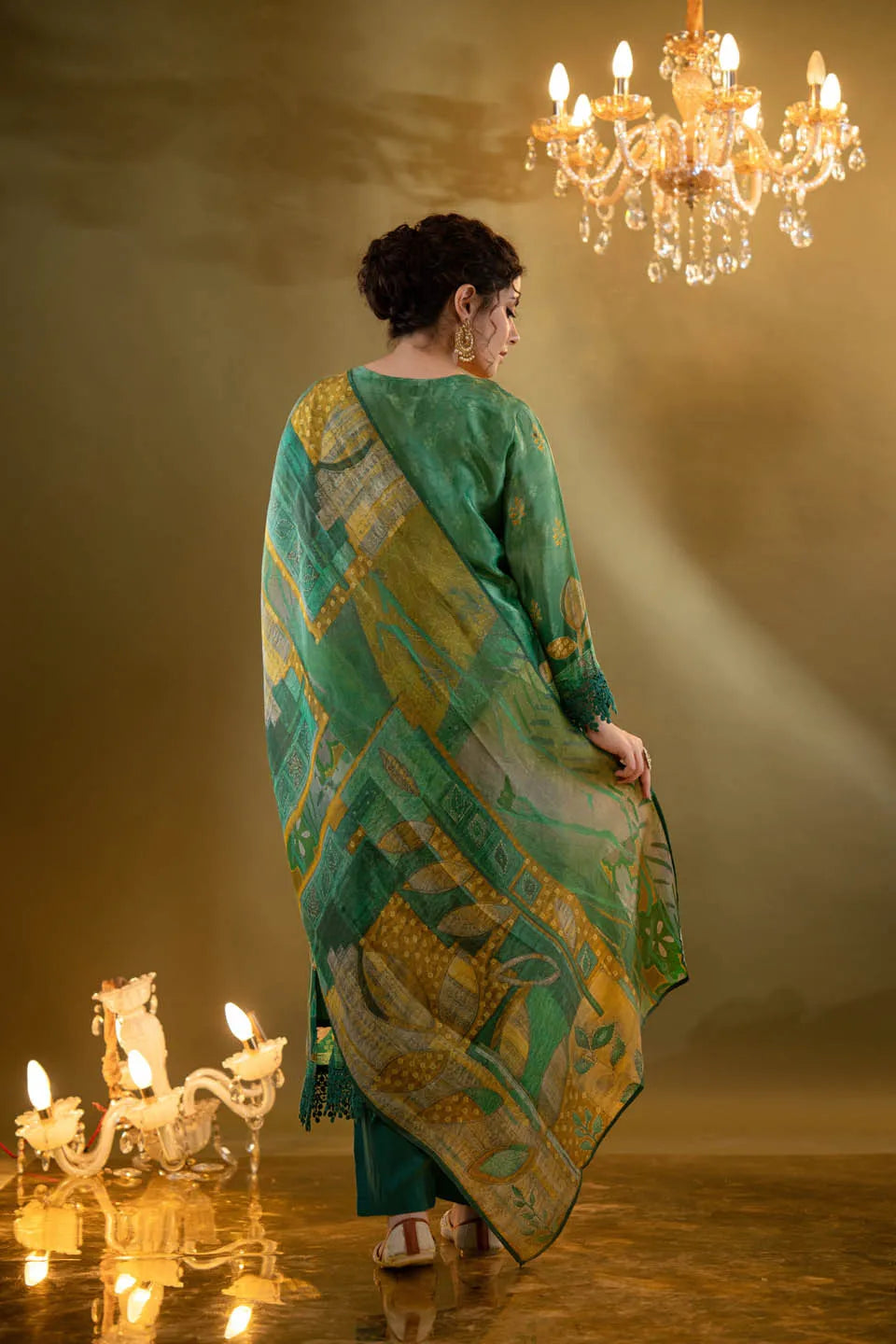 green shimmer tissue straight kurta with embellished v neck and baandhani dupatta