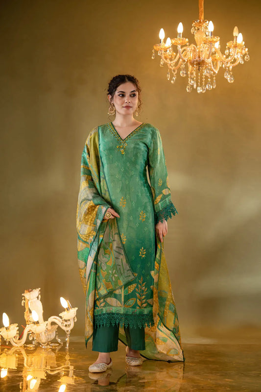 green shimmer tissue straight kurta with embellished v neck and baandhani dupatta