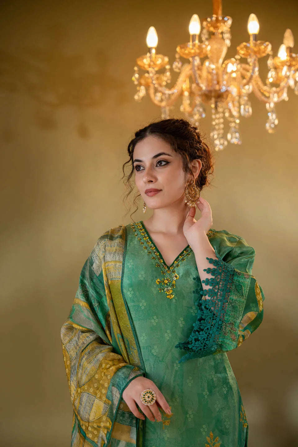 green shimmer tissue straight kurta with embellished v neck and baandhani dupatta