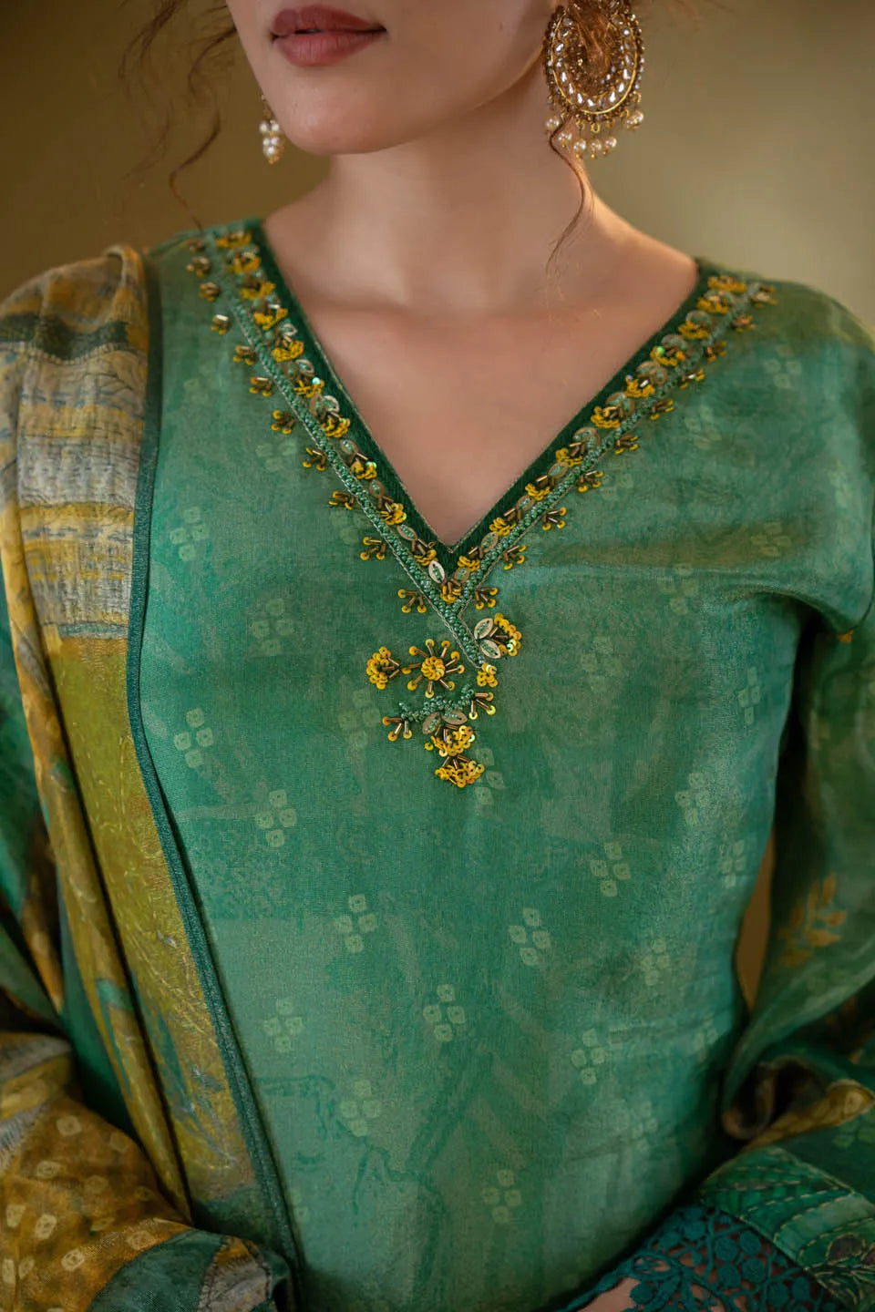 green shimmer tissue straight kurta with embellished v neck and baandhani dupatta