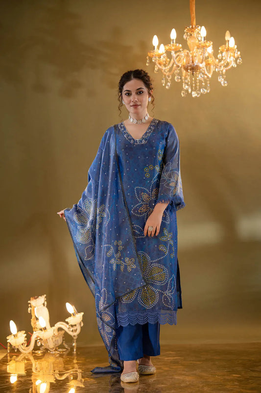 regal blue floral embellished kurta set with dupatta for festive occasions